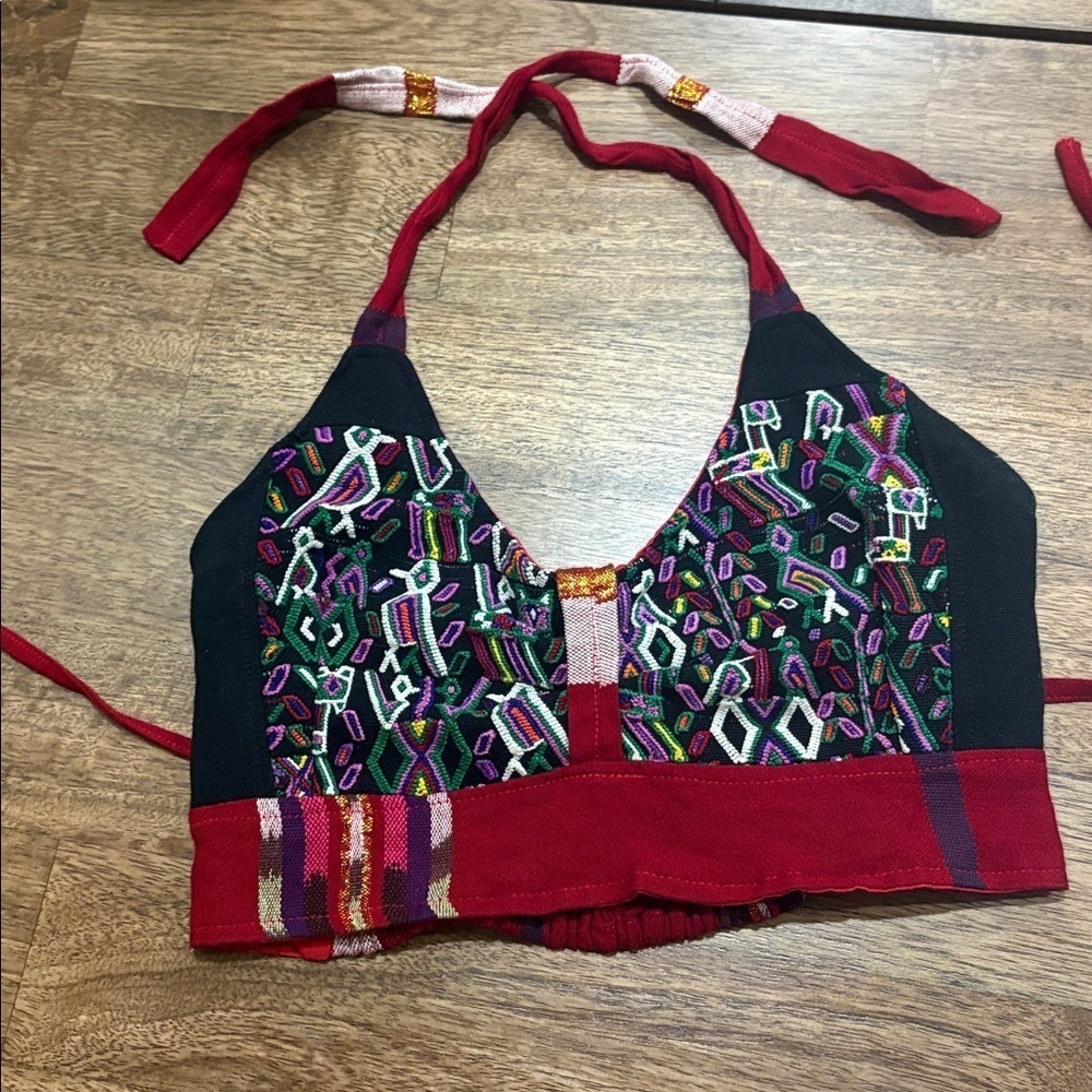 Aztec pattern halter top. Hand made. Stretchy back. Lined. Embroidered. Boho.